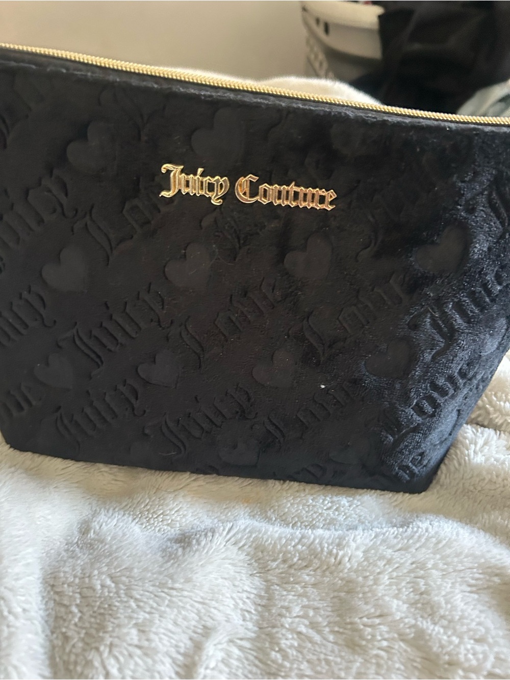 Juicy Couture Black Velvet Heart-Embossed Cosmetic Bag with Gold Logo